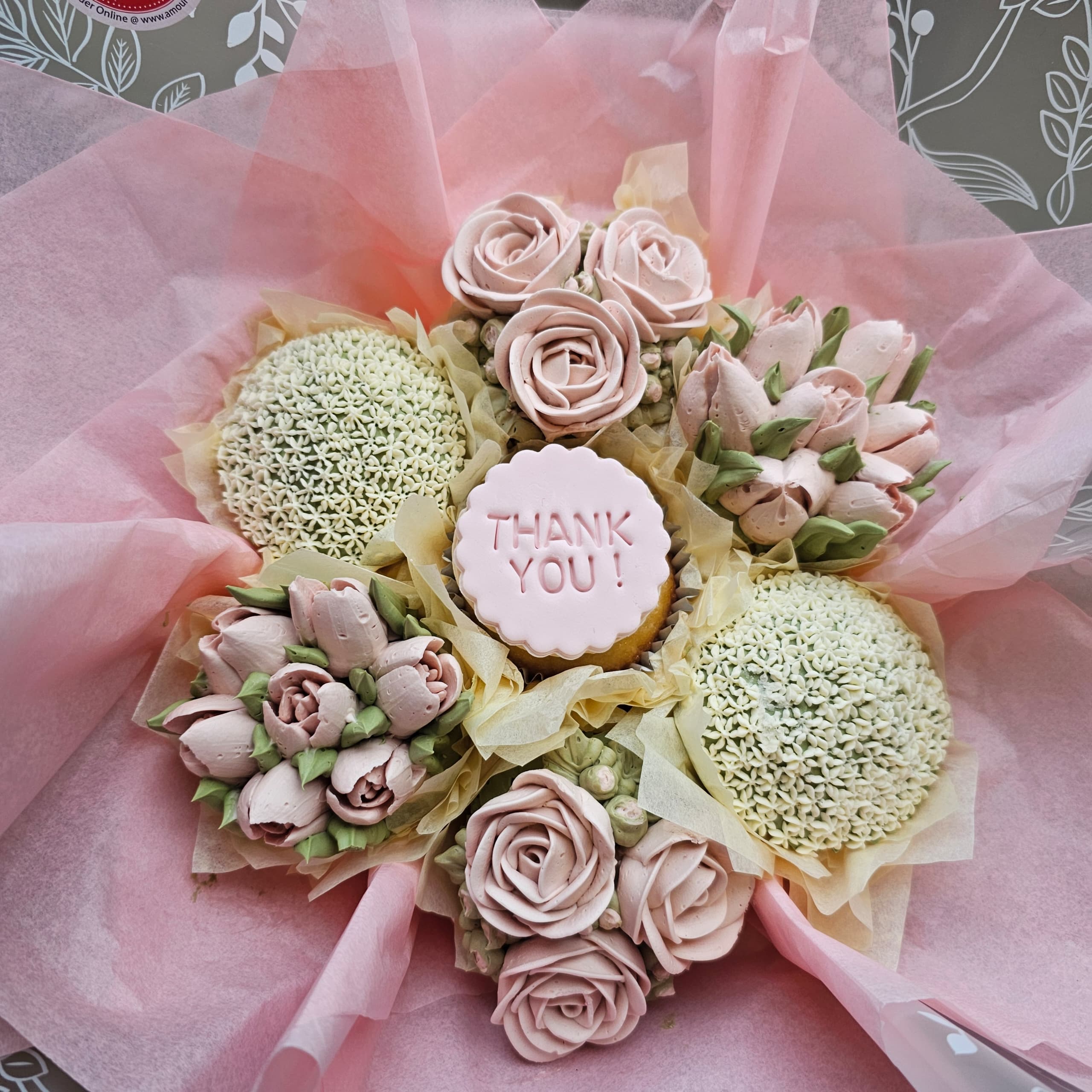 Seven-cupcake Thank You flower bouquet by Amour Desserts