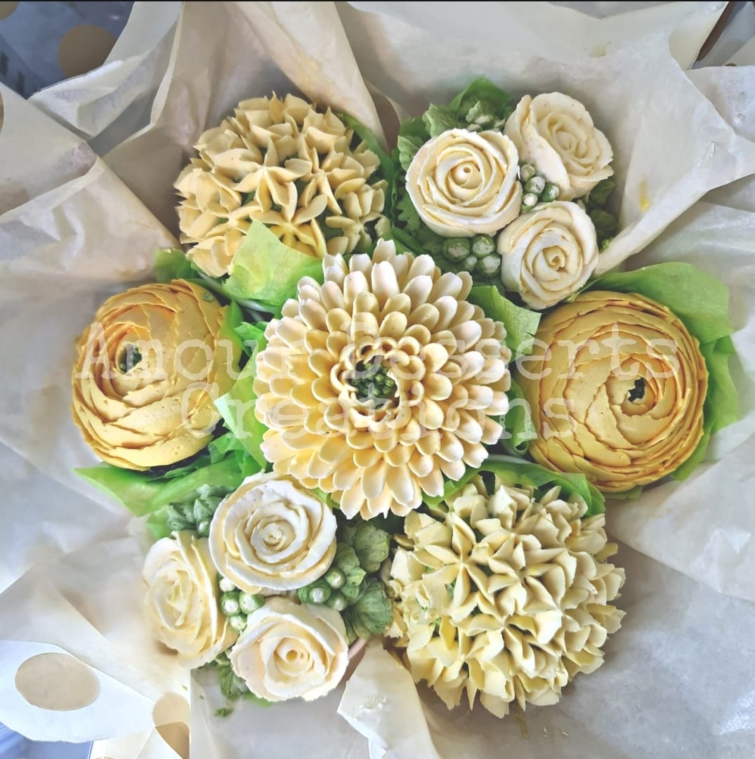 Yellow and white flower cupcake bouquet by Amour Desserts